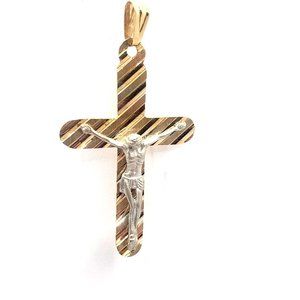14K Solid 3 Tone- Gold Religion Diamond Cut Cross Pendant